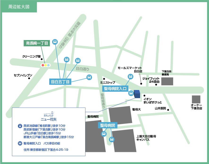 周辺拡大図｜イオンまいばすけっと、驚安堂目白店、聖母大、下落合四郵便局近く。バス停「聖母病院前入口」、「目白五丁目」降りてすぐ。